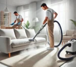 DALL·E 2025-03-09 19.11.27 - A modern, clean living room with a professional deep-cleaning process in progress. A cleaning specialist uses a steam cleaner on a fabric sofa, while