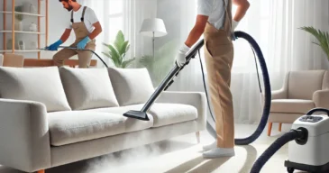 DALL·E 2025-03-09 19.11.27 - A modern, clean living room with a professional deep-cleaning process in progress. A cleaning specialist uses a steam cleaner on a fabric sofa, while