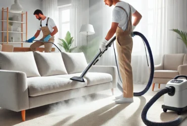DALL·E 2025-03-09 19.11.27 - A modern, clean living room with a professional deep-cleaning process in progress. A cleaning specialist uses a steam cleaner on a fabric sofa, while