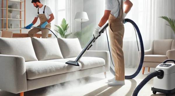 DALL·E 2025-03-09 19.11.27 - A modern, clean living room with a professional deep-cleaning process in progress. A cleaning specialist uses a steam cleaner on a fabric sofa, while