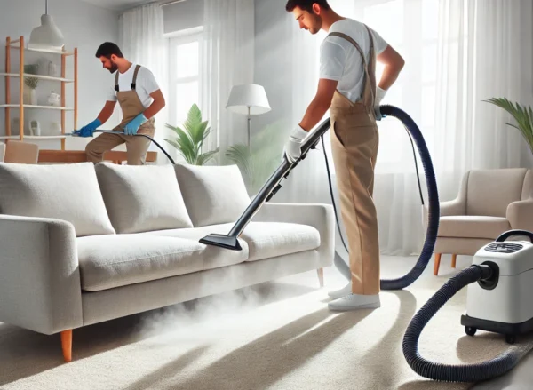 DALL·E 2025-03-09 19.11.27 - A modern, clean living room with a professional deep-cleaning process in progress. A cleaning specialist uses a steam cleaner on a fabric sofa, while