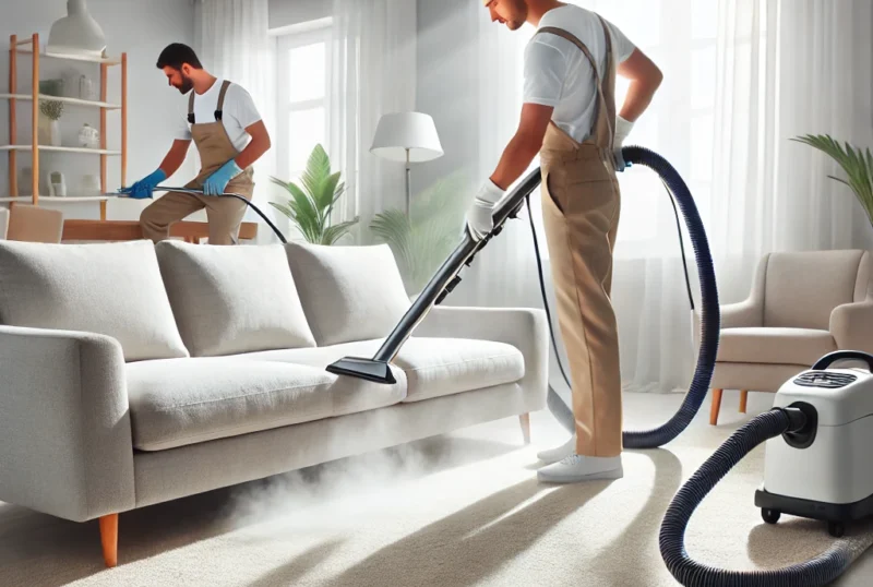 DALL·E 2025-03-09 19.11.27 - A modern, clean living room with a professional deep-cleaning process in progress. A cleaning specialist uses a steam cleaner on a fabric sofa, while
